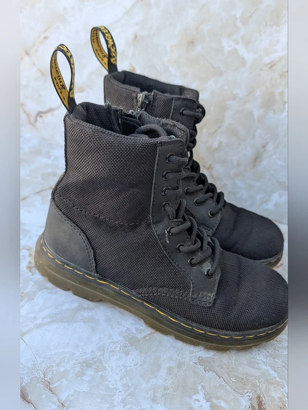 Dr. Martens Black Lace-Up Canvas Boots with Side Zipper Kids Sz 2